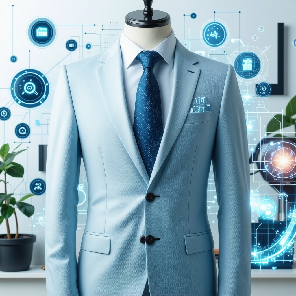 Luxury suit with nanotechnology and AI analytics icons illustrating innovative suit care in Tampa Bay