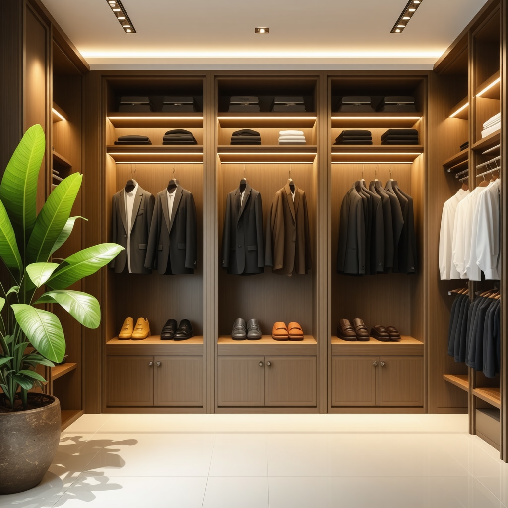 Modern closet equipped with humidity control devices and neatly hung suits in a tropical environment