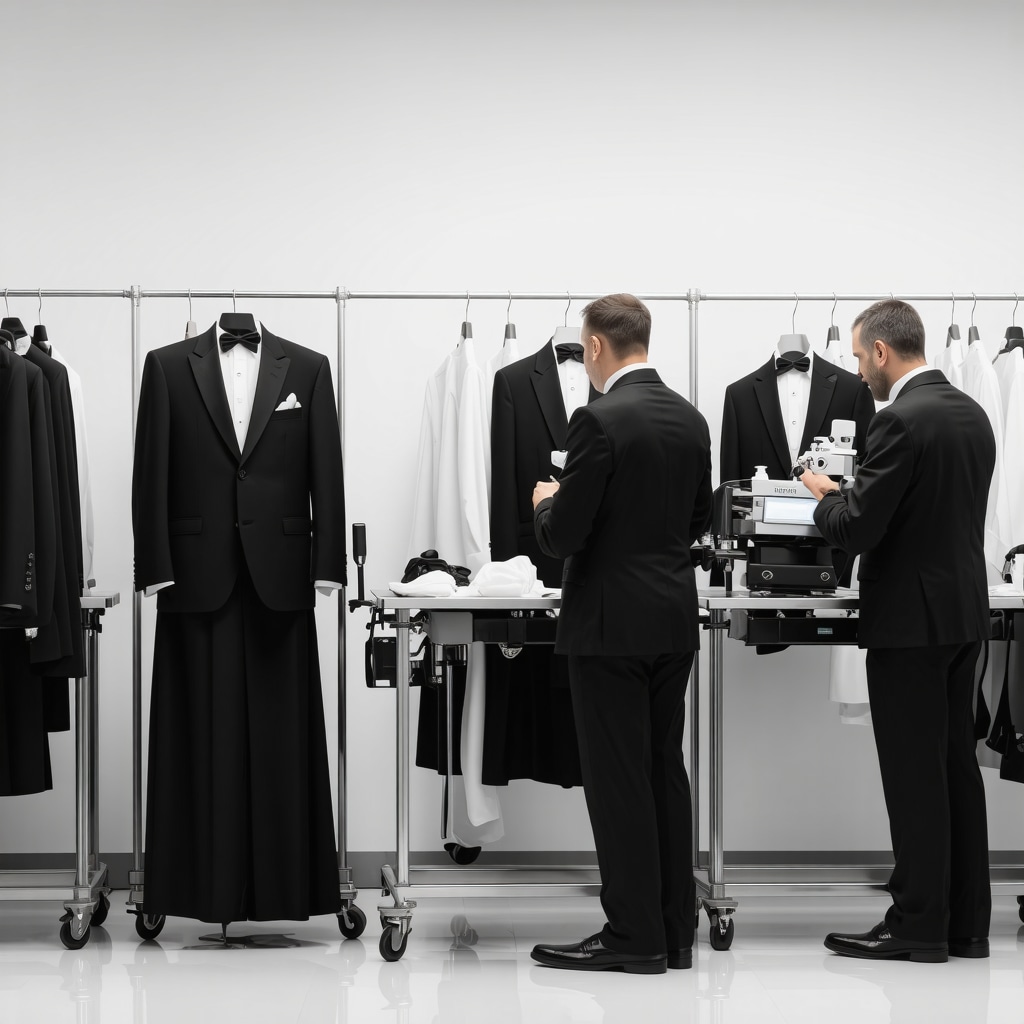 Dry cleaning specialists using advanced machines and inspecting tuxedos for next-day cleaning services in Tampa Bay