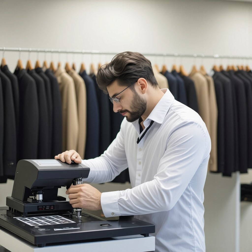Technician analyzing suit fabric with spectroscopic equipment in Tampa Bay dry cleaning shop