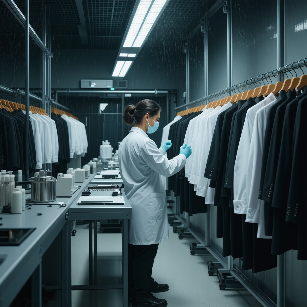Technicians applying nanotech coatings and monitoring IoT sensors on suits in a Tampa Bay dry cleaning lab