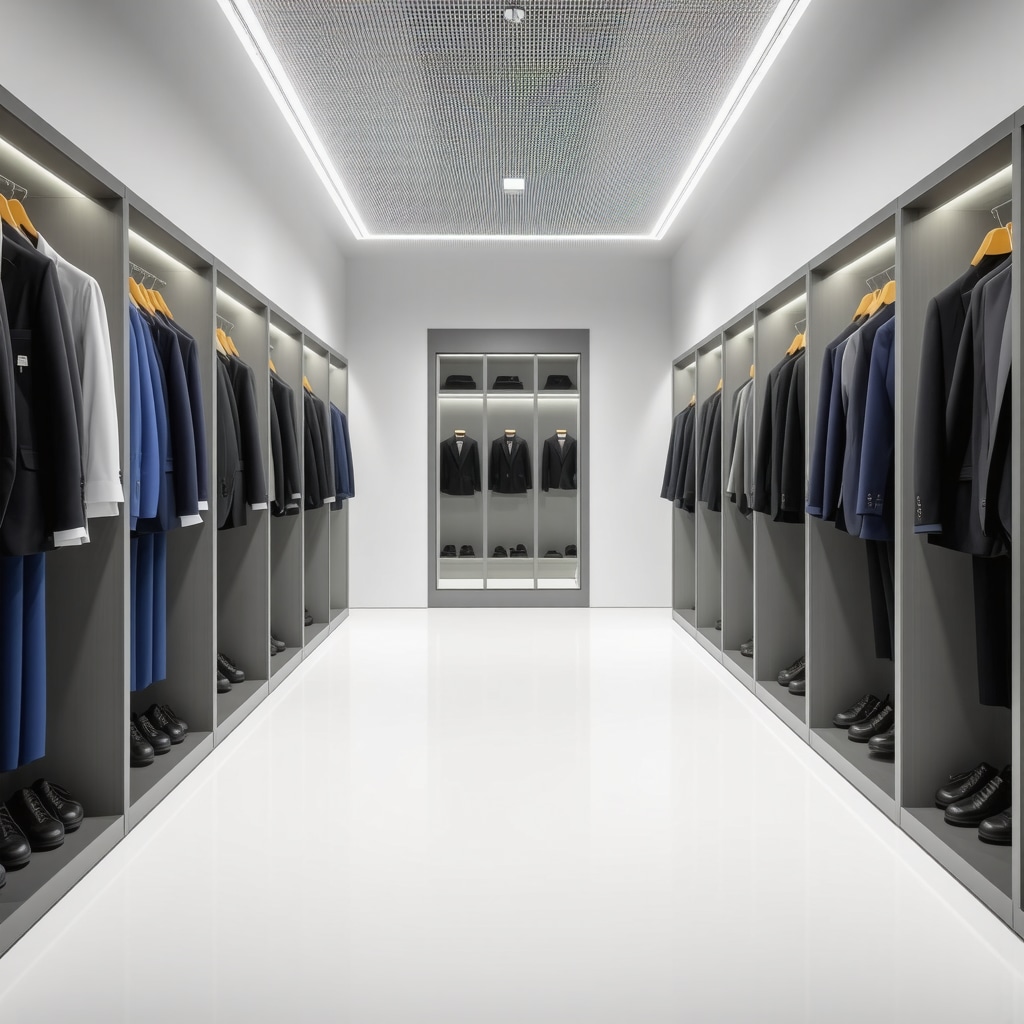 Interior of a modern suit care center featuring climate-controlled racks and RFID tracking technology