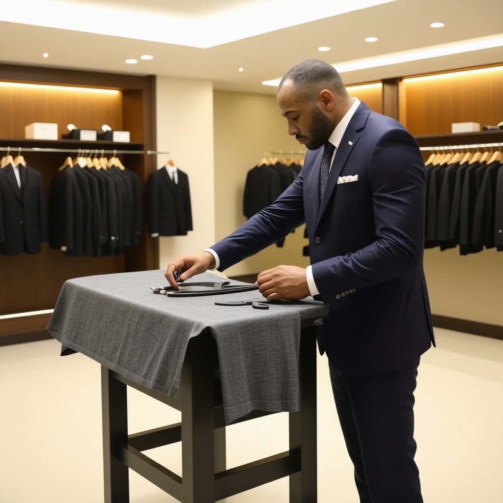 Technician inspecting wool suit in a modern eco-friendly suit care facility in Westchase Tampa Bay