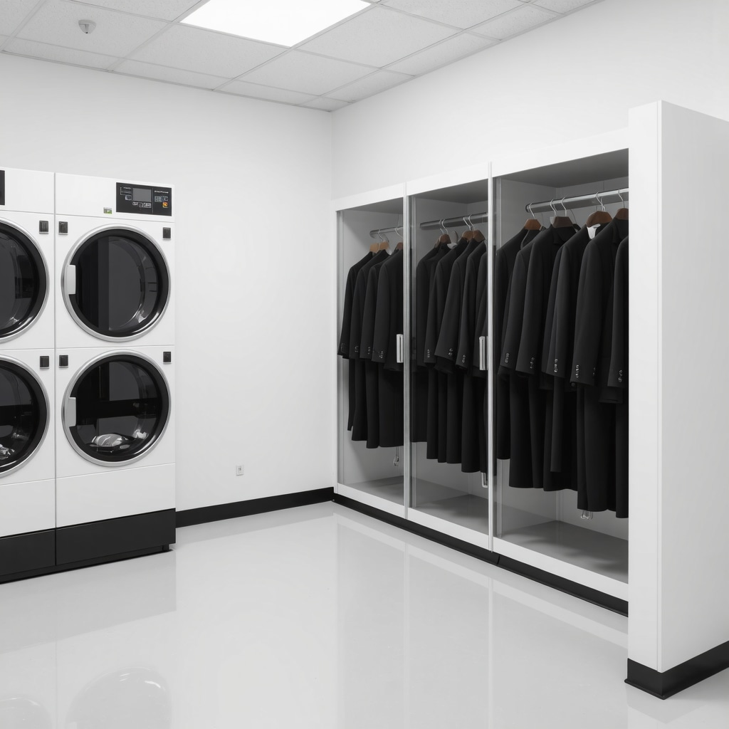 Sensor-integrated pressing machines and microclimate-controlled storage cabinets in a modern dry cleaning facility for large size suits