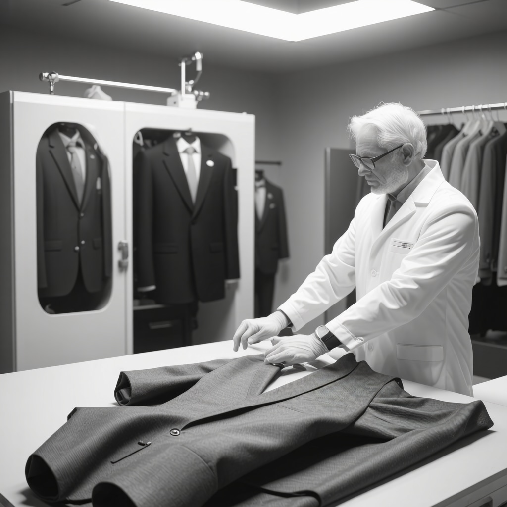 Professional suit care technician using AI fabric analysis and ozone sanitization equipment in Tampa Bay