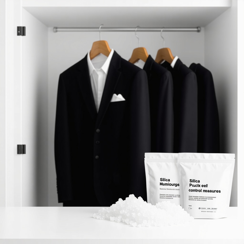 Suit hanging with silica gel packets illustrating humidity control and advanced suit care techniques