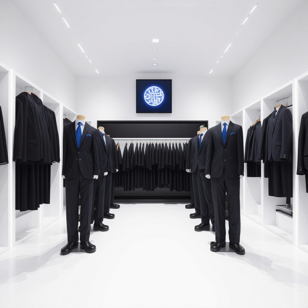Interior of a modern suit cleaning facility showcasing AI logistics and eco-friendly equipment with specialists handling luxury suits