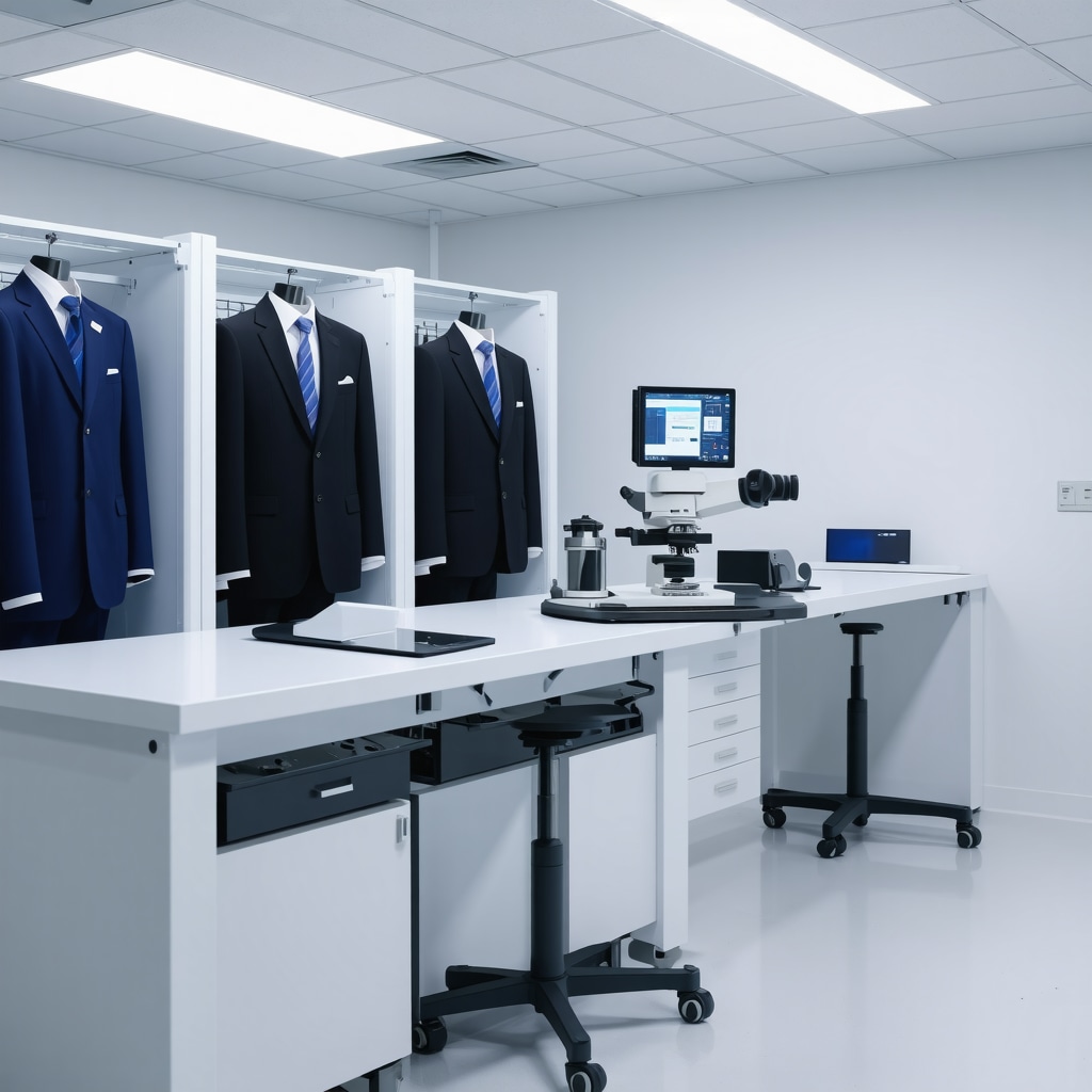 Textile lab with microscopes, AI data screens, and eco-friendly cleaning equipment for premium suit care in Tampa