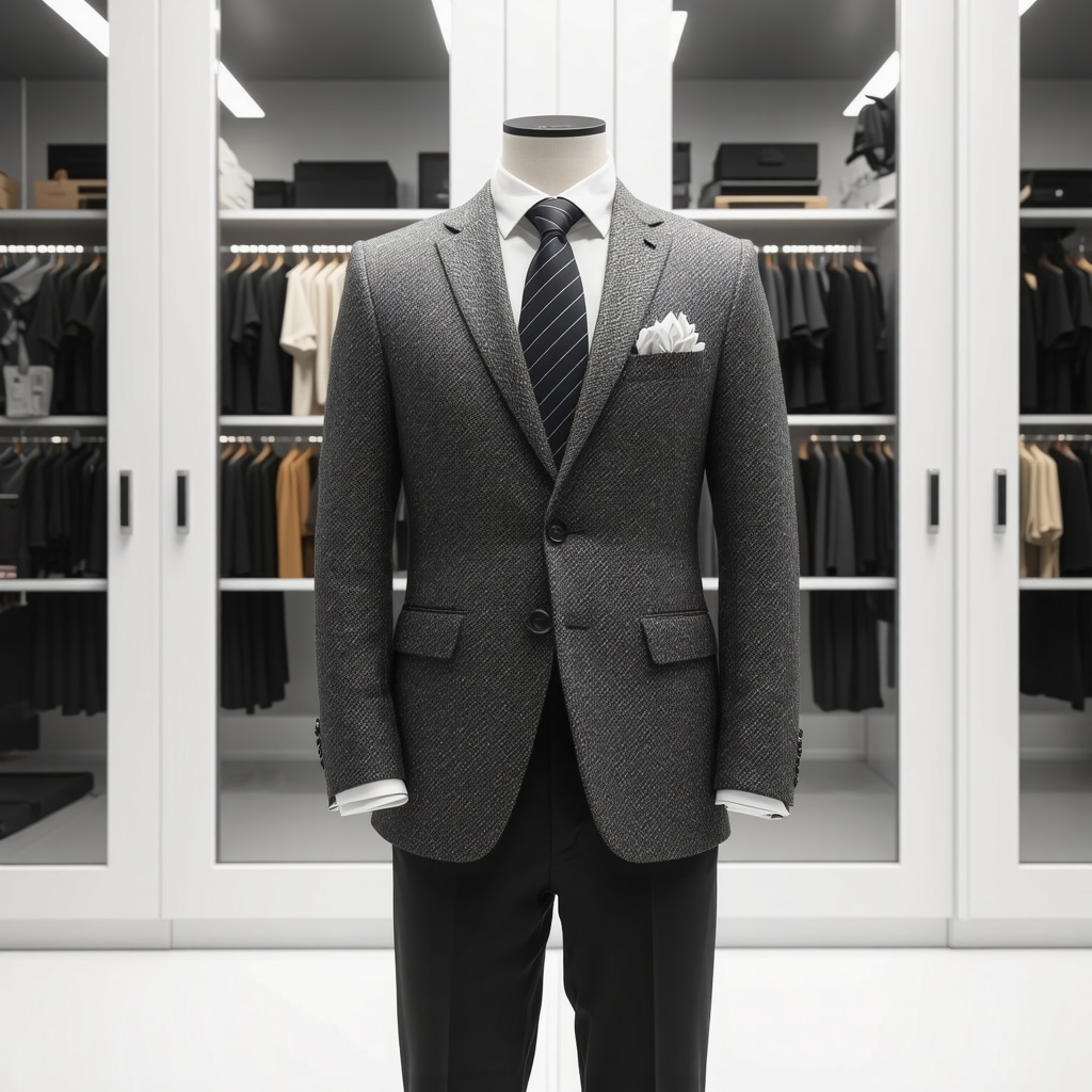 Laboratory setting with spectroscopic equipment analyzing suit fabric and climate-controlled suit storage cabinets