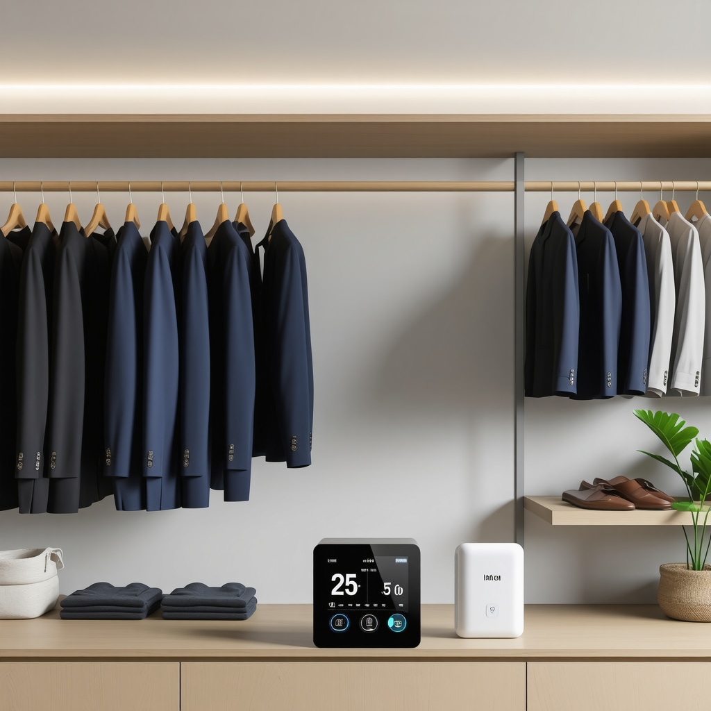 Closet with suits on wooden hangers, smart sensors, and digital climate control panel for optimized suit preservation