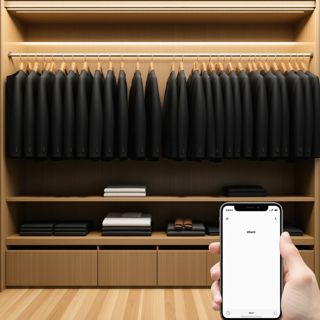 Climate-controlled wardrobe with cedar hangers, wool suits, activated charcoal sachets, and smartphone showing digital suit care app