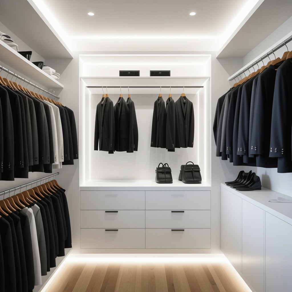 Modern closet with airflow and humidity control systems protecting luxury suits in Tampa Bay