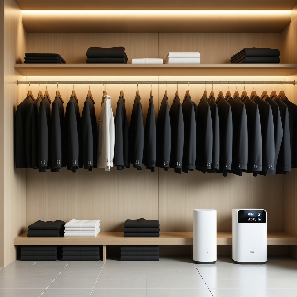 Closet with suits in breathable bags featuring humidity sensors and dehumidifiers for moisture control