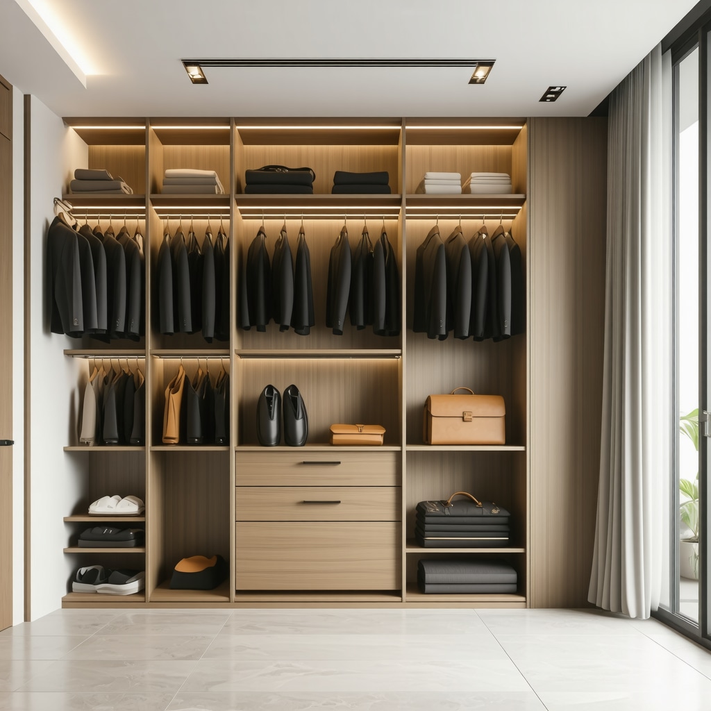Modern closet with smart climate control, cedarwood hangers, and breathable garment bags storing suits