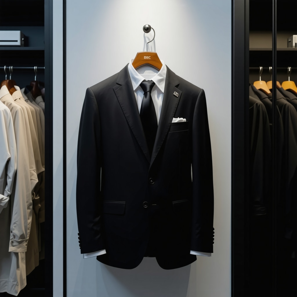 Luxury designer suit hanging on cedarwood hanger in front of advanced steam cleaning and AI fabric analysis equipment in a Tampa Bay dry cleaner