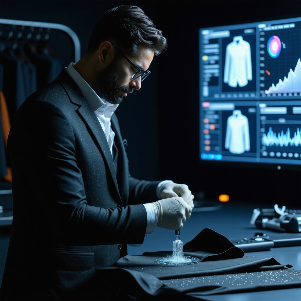 Technician applying nanotech coating on wool suit fabric with AI analytics on screens in a Tampa suit care facility
