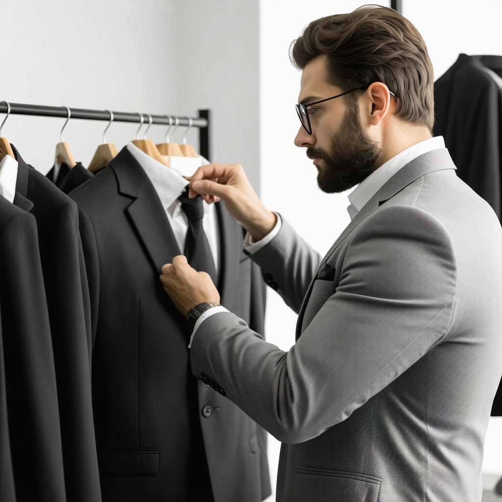 Tailor examining wool suit amidst moisture management devices and eco-friendly solvents in Tampa