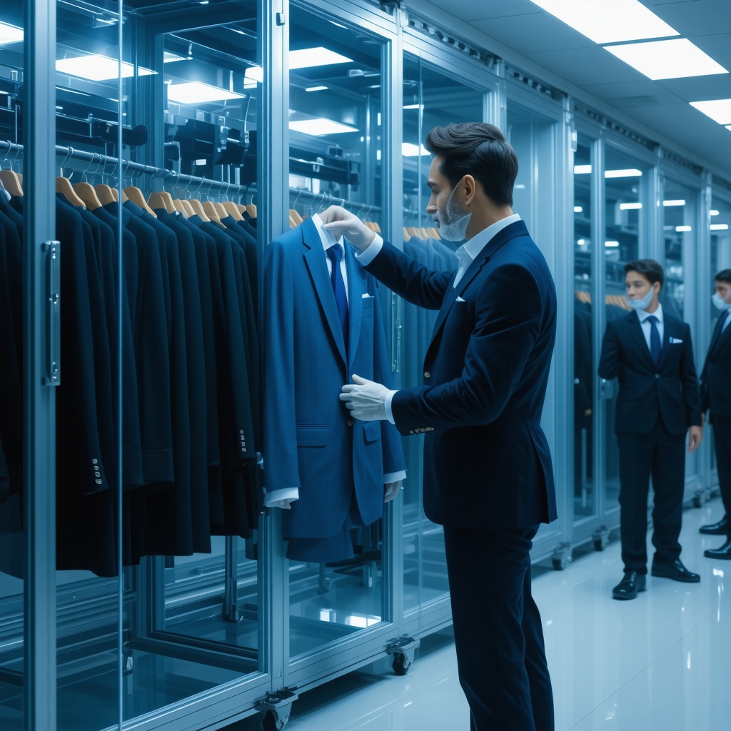 Technician inspecting luxury suit with advanced cleaning equipment in a modern facility