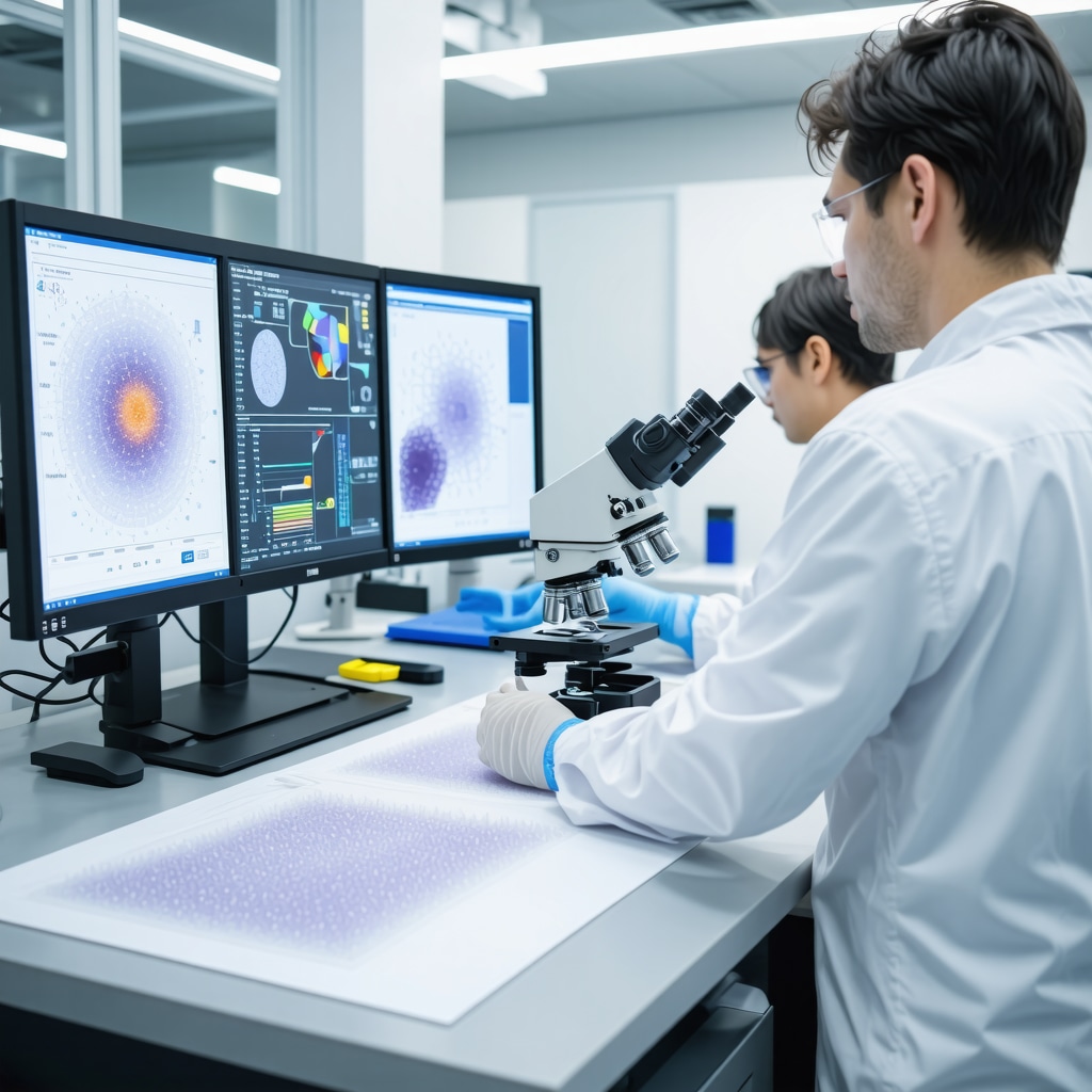 Laboratory scene showing microscopic fabric analysis and nano-coating equipment for suit maintenance