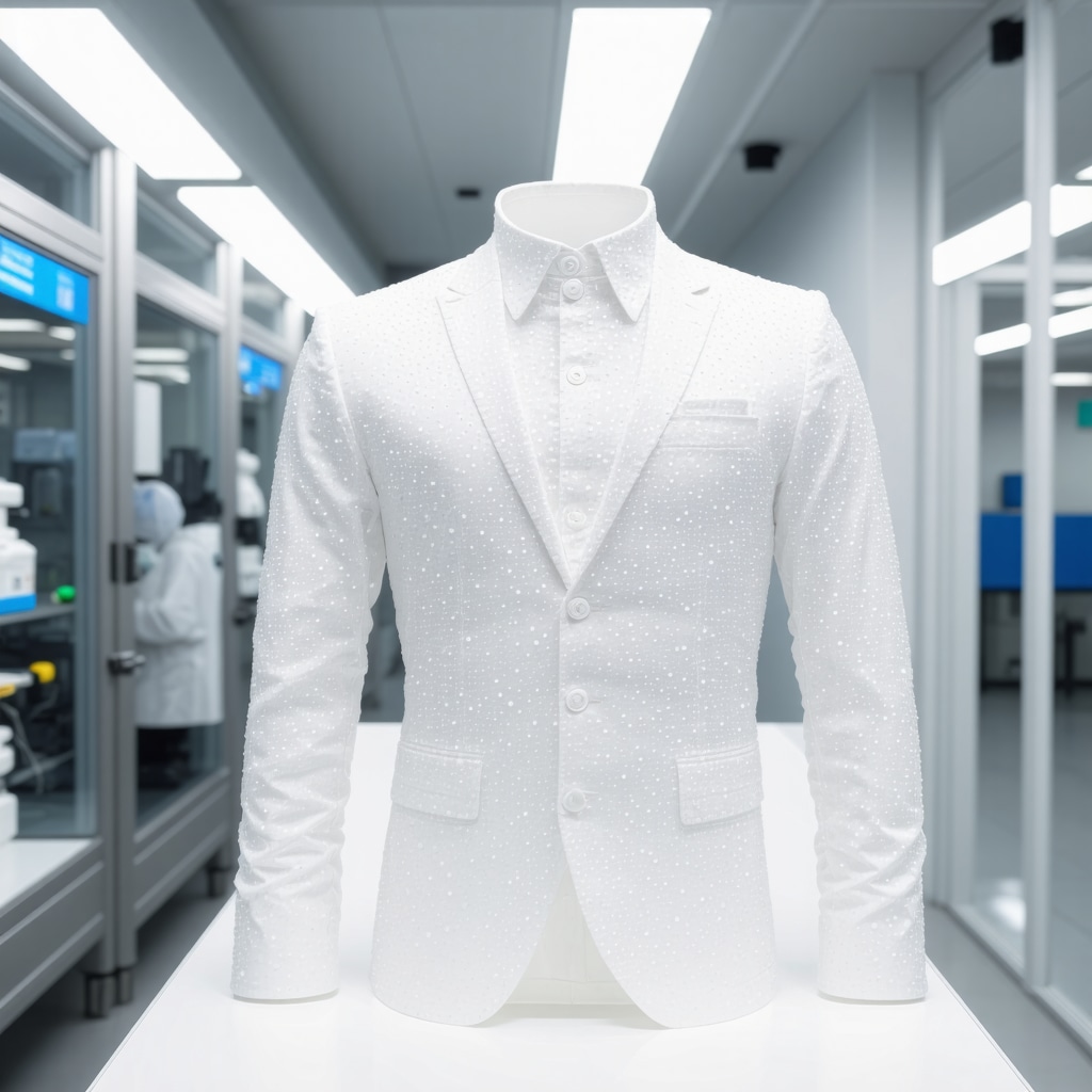 AI sensors and nanotechnology coating process on white suit fabric in Tampa textile lab