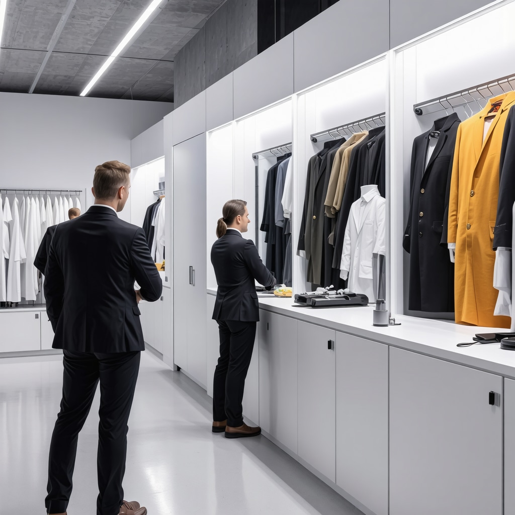 High-tech textile laboratory with AI fabric analysis and nanoscale imaging for suit cleaning