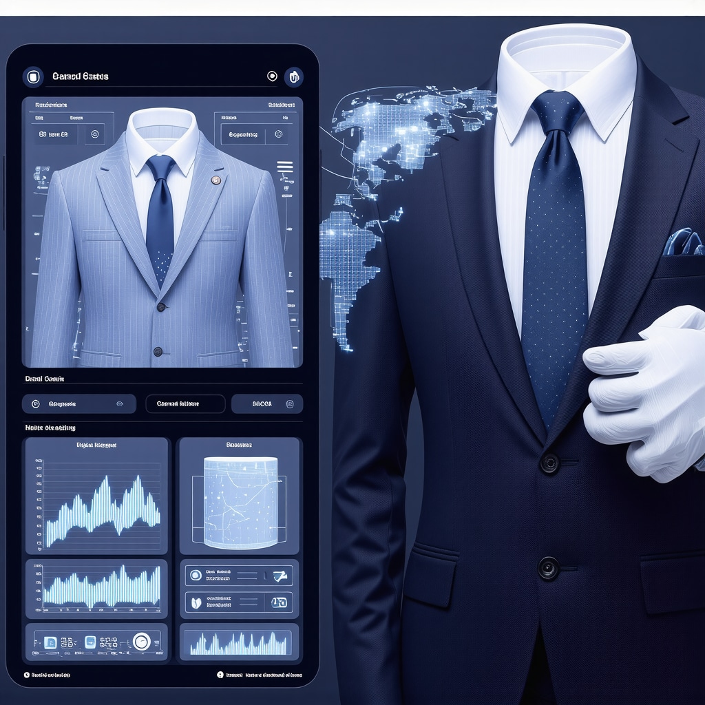 Technicians applying nano-coatings to tuxedo fabric with digital screens showing wardrobe care analytics