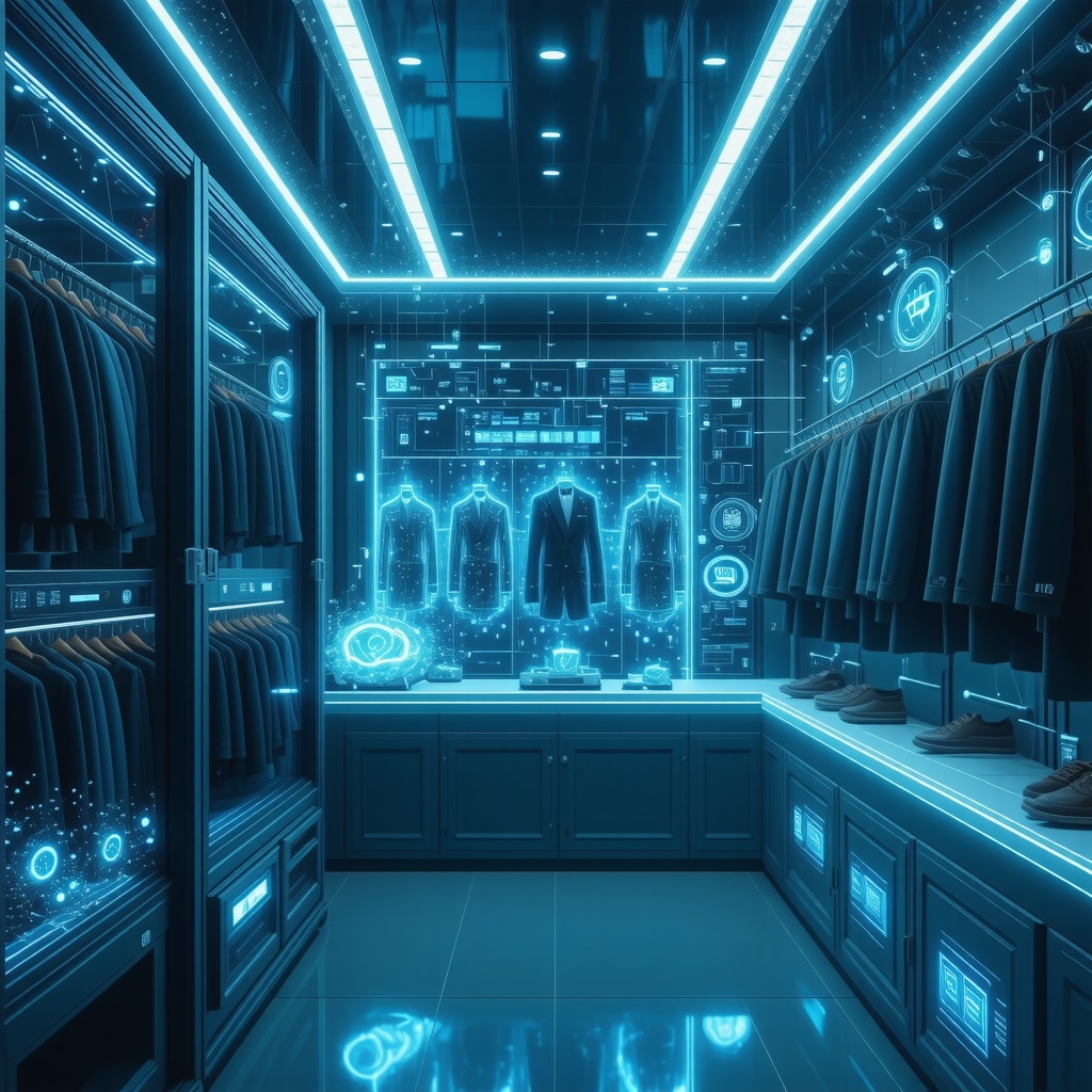 High-tech tuxedo dry cleaning lab with AI, ultrasonic cleaning, nanotechnology and blockchain visuals