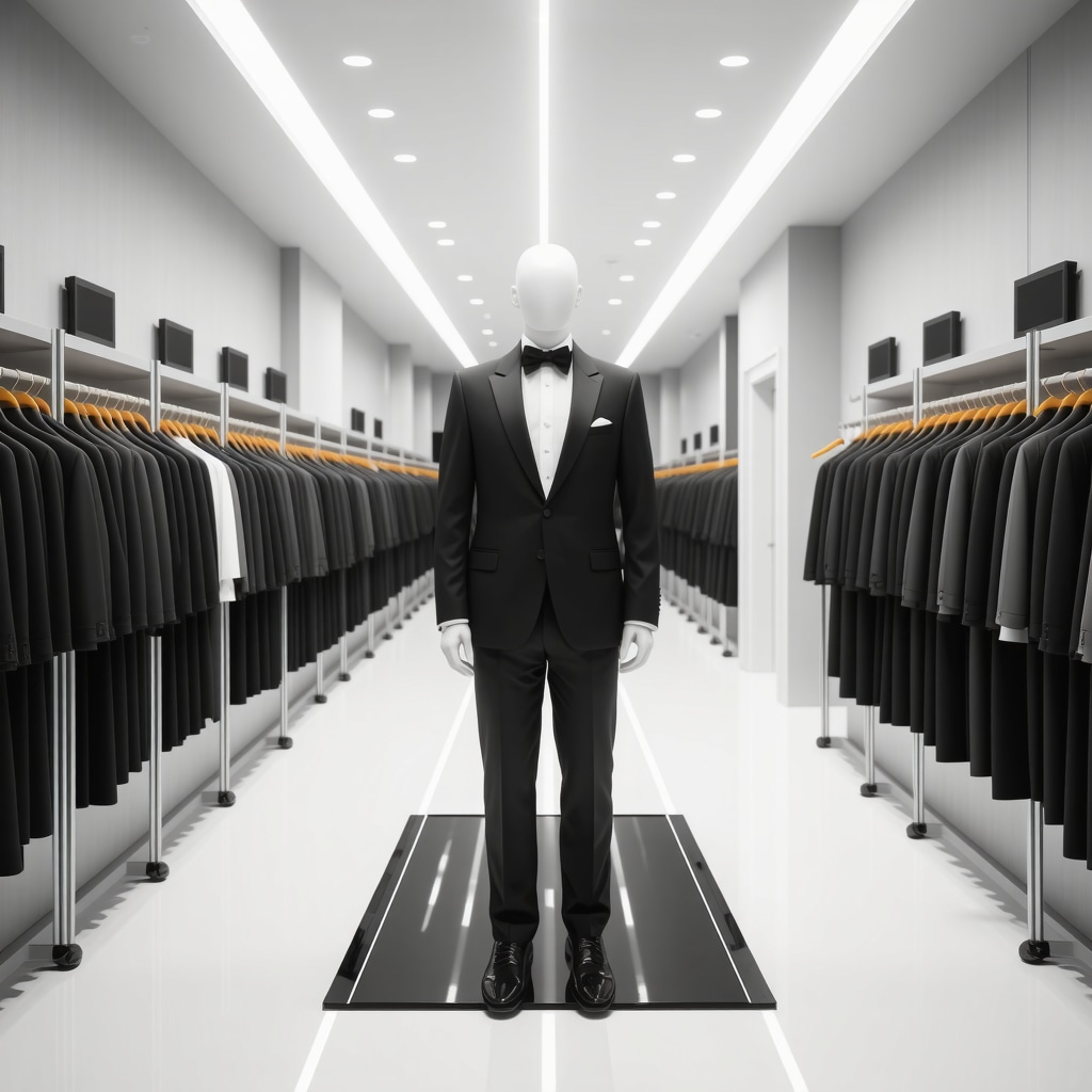 AI-driven fabric analysis and robotic pressing machines cleaning a luxury tuxedo in a high-tech dry cleaning facility