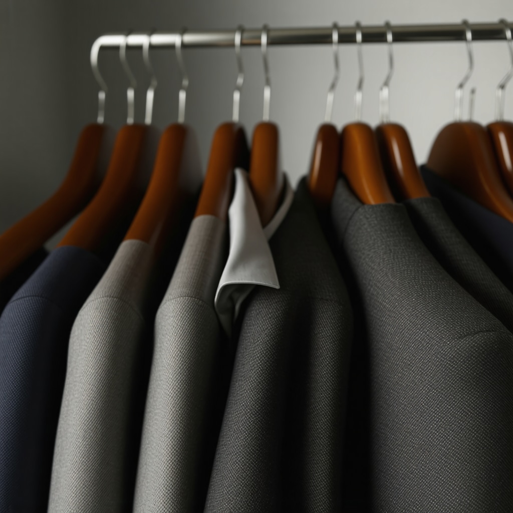 Closet with wool suits on wooden hangers and humidity control devices