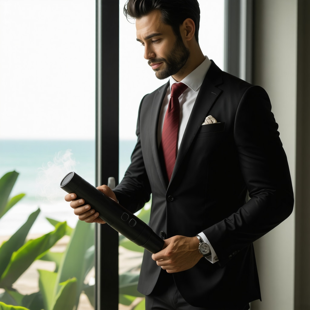 Businessman steaming wool suit with ultrasonic steamer in Tampa Bay office