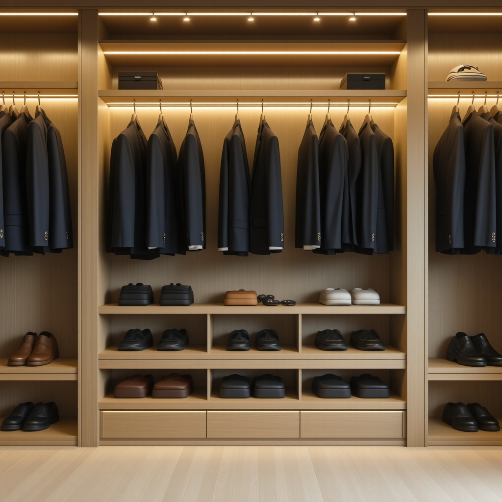 Interior of a climate-controlled closet with suits on wooden hangers, digital sensors, UV lighting, and cedar wood inserts