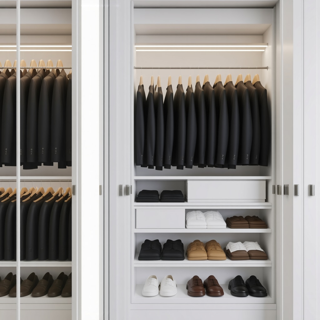 Climate-controlled wardrobe with humidity sensors and UV filters storing high-end suits to prevent humidity damage