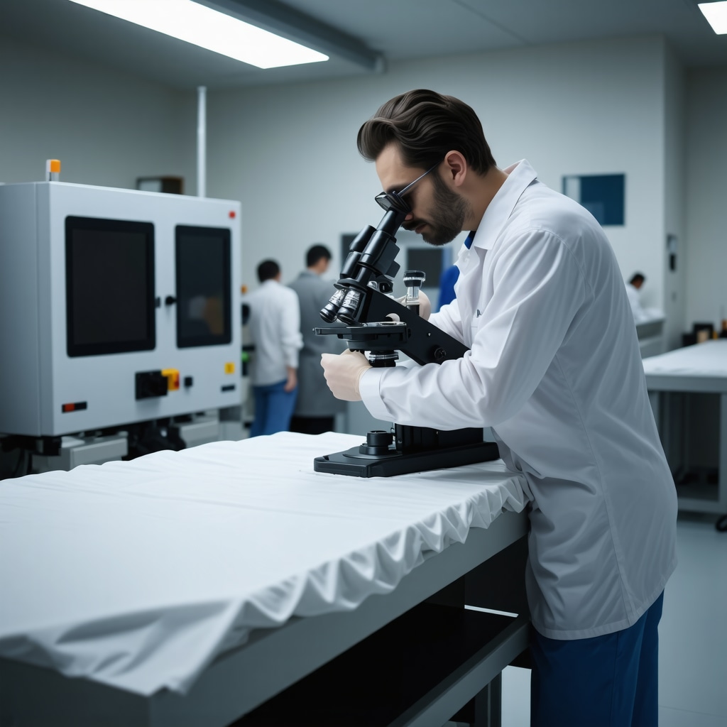 Laboratory setting showing sophisticated dry cleaning equipment treating delicate suit fabrics with enzymes and ultrasonic waves