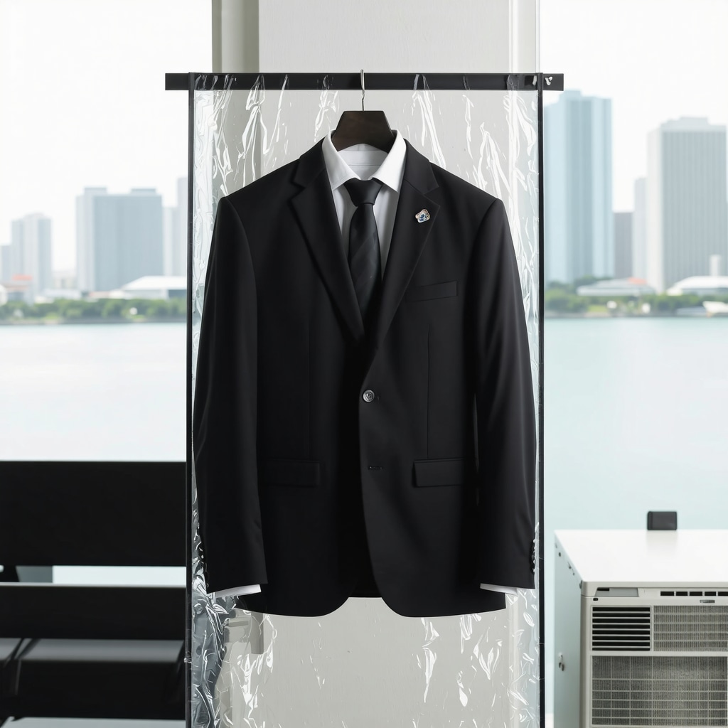 Suit in breathable garment bag with moisture absorber and smart sensor, highlighting advanced suit care in Tampa Bay microclimate