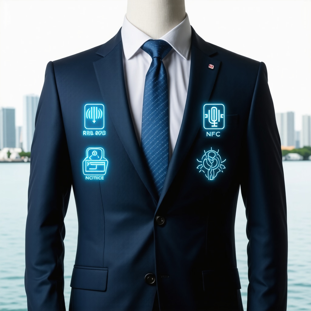Professional suit with smart garment tags and eco-friendly cleaning symbols in Tampa Bay