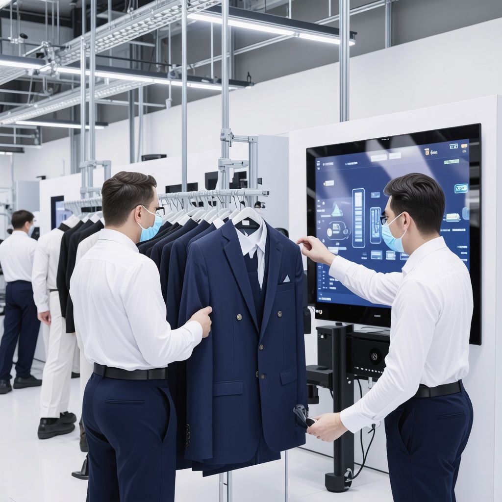 Technicians using smart garment tracking and advanced equipment to clean suits in a modern facility