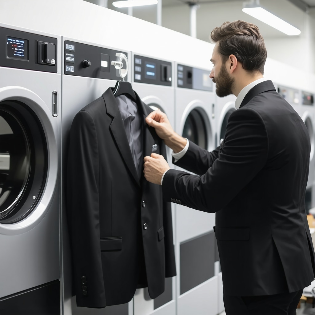 Professional dry cleaner using advanced eco-friendly machines and AI technology to clean a luxury wool suit in Tampa Bay