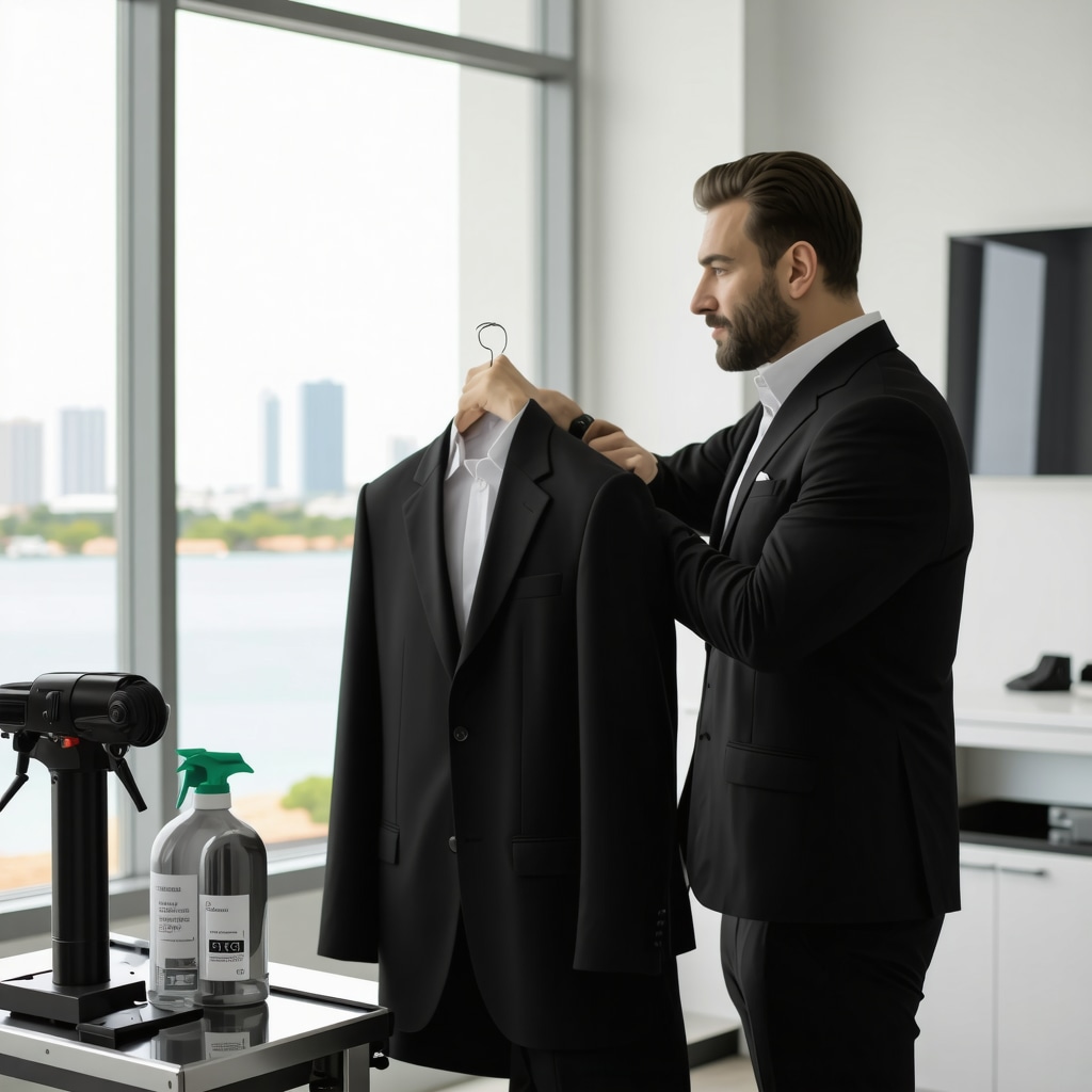 Expert pressing of a wool suit with eco-friendly dry cleaning equipment in a Tampa Bay facility