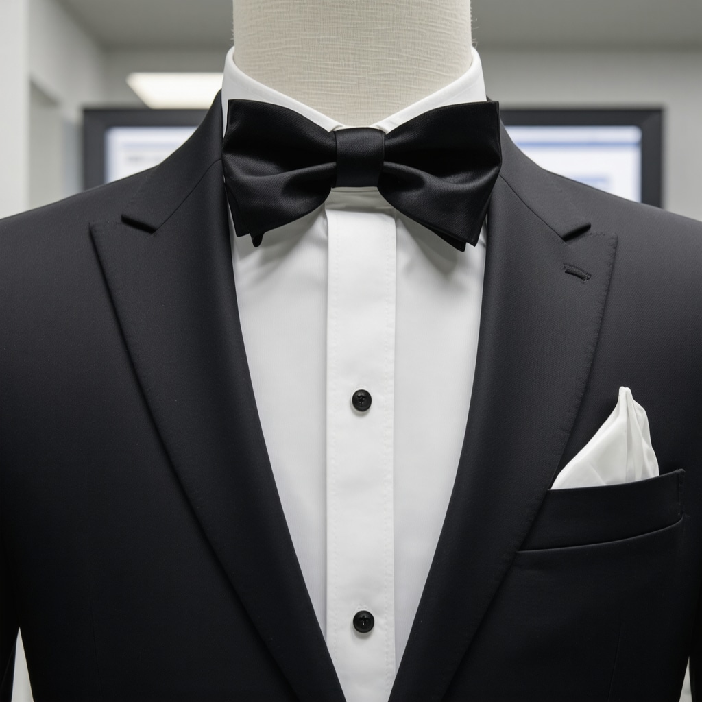 Close-up of tuxedo fabric undergoing micro-encapsulation and 3D form pressing treatment in a professional dry cleaning setting