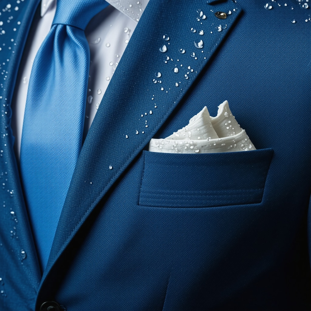 Close-up of professional suit fabric with water droplets repelling due to bio-inspired nanocoating
