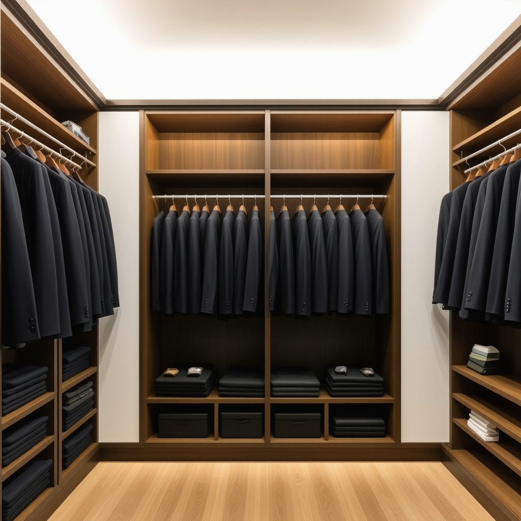 Climate-controlled closet featuring cedar-lined suit hangers with fine suits stored in an environment with humidity and temperature control