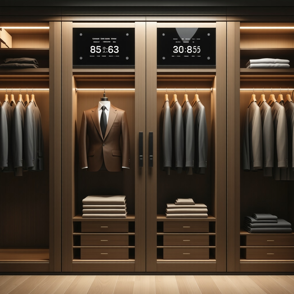 Climate-controlled garment storage unit with humidity and temperature controls preserving high-end suits
