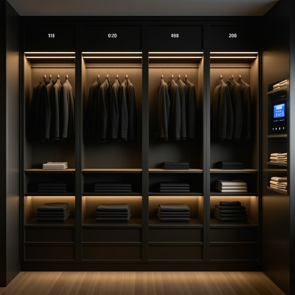 High-tech closet with humidity regulation and UV-C sterilization storing suits