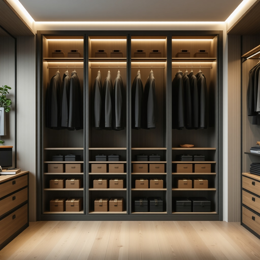 Climate-controlled closet with breathable garment bags and humidity control for suit preservation