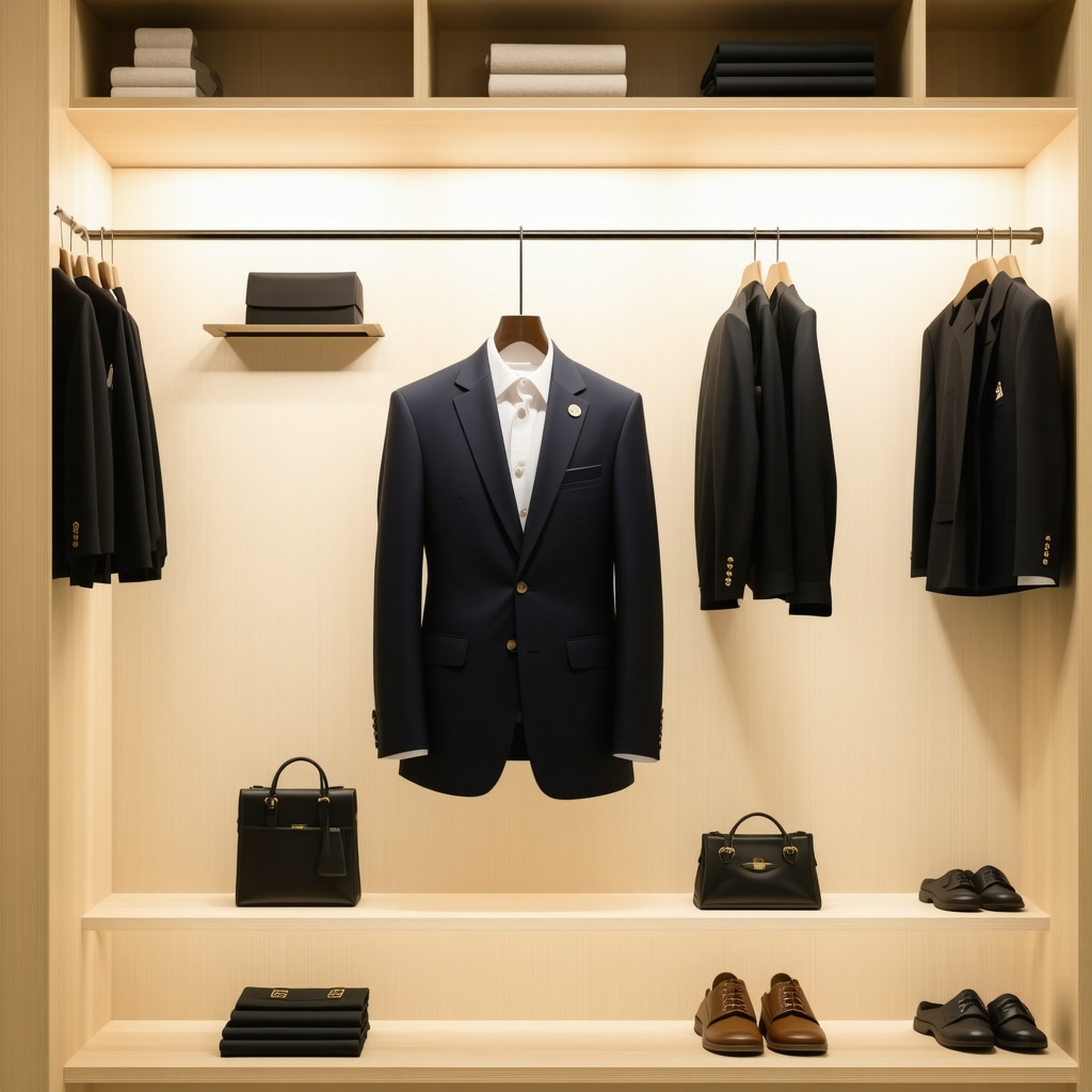 Modern closet with pressed wool suit, breathable garment bags, and activated charcoal sachets illustrating advanced suit care in Tampa Bay