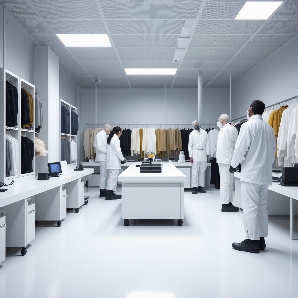 Advanced textile laboratory with digital fabric analysis and AI technology for suit cleaning