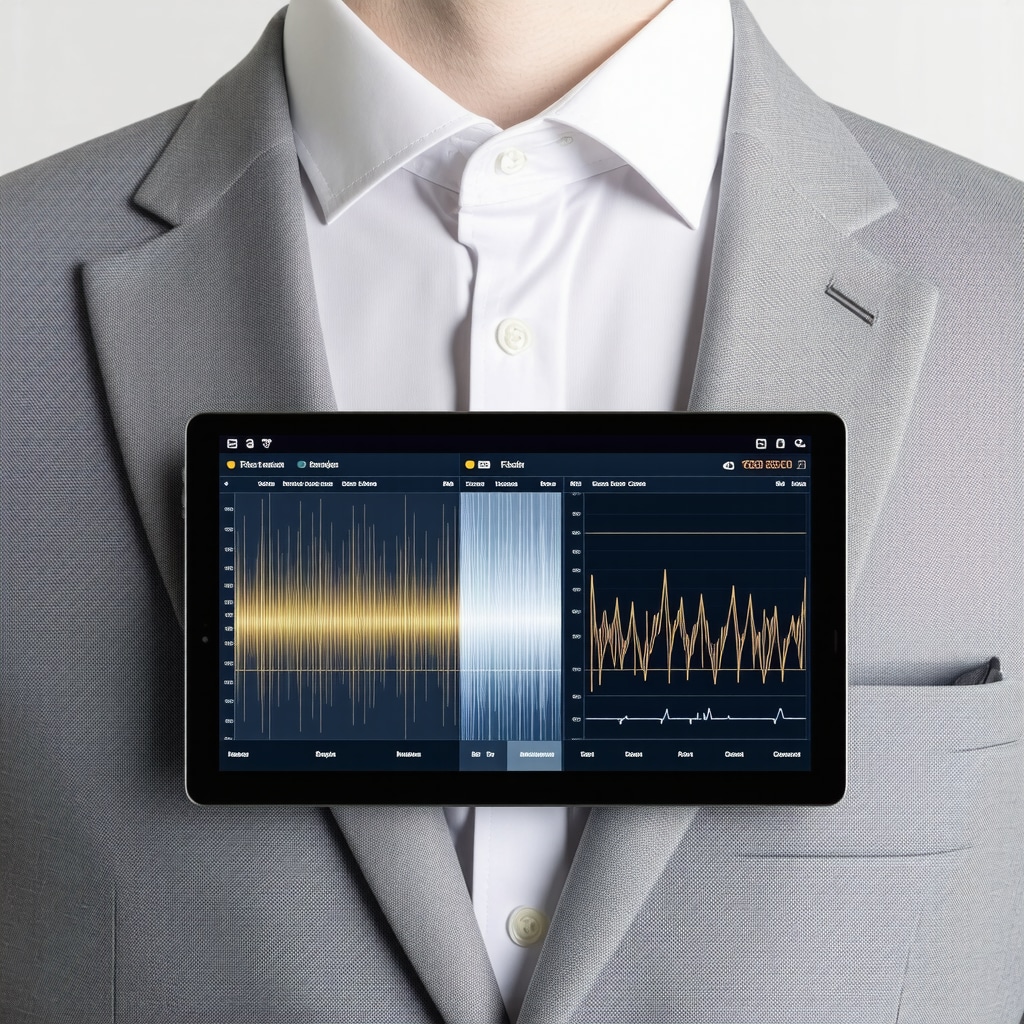 Close-up of linen suit fabric being analyzed by a digital fabric scanner displaying fiber and moisture data