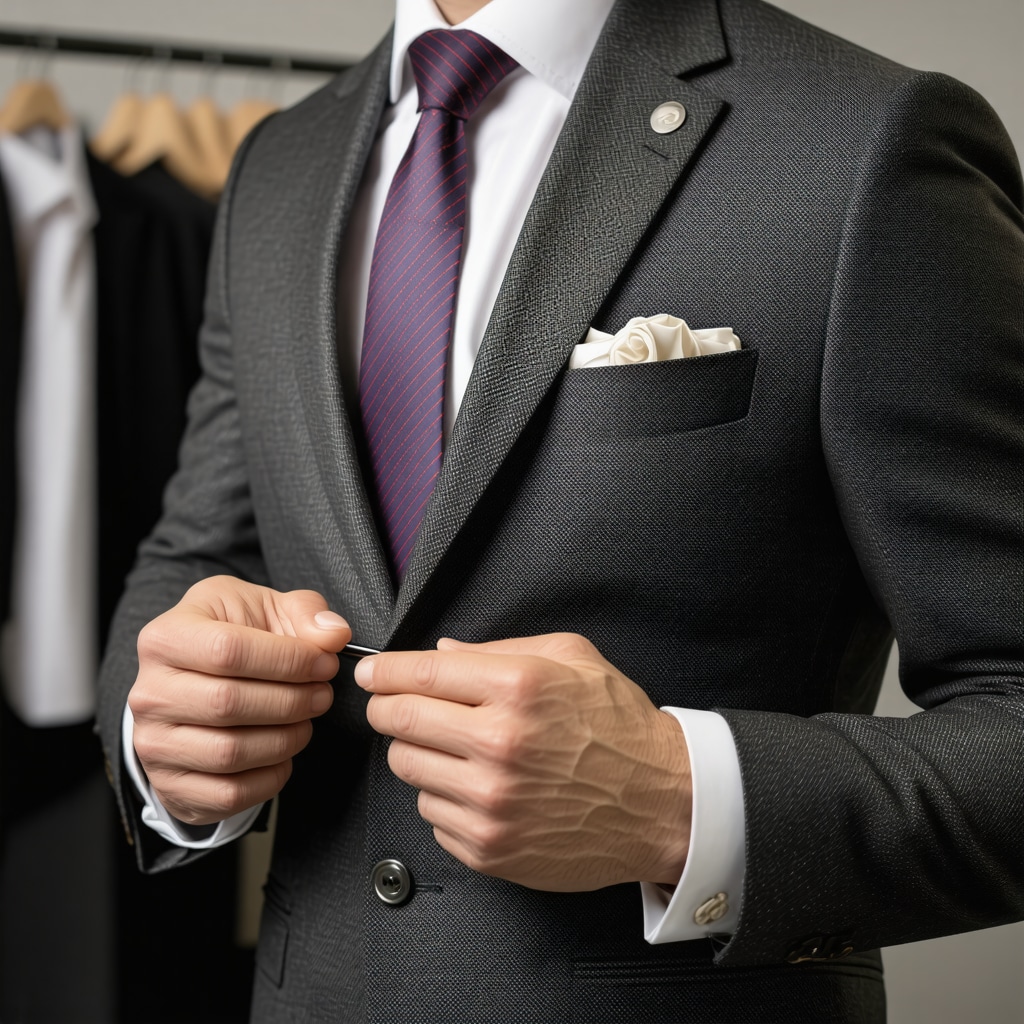 Tailor inspecting luxury wool suit in Tampa Bay eco-friendly dry cleaning facility