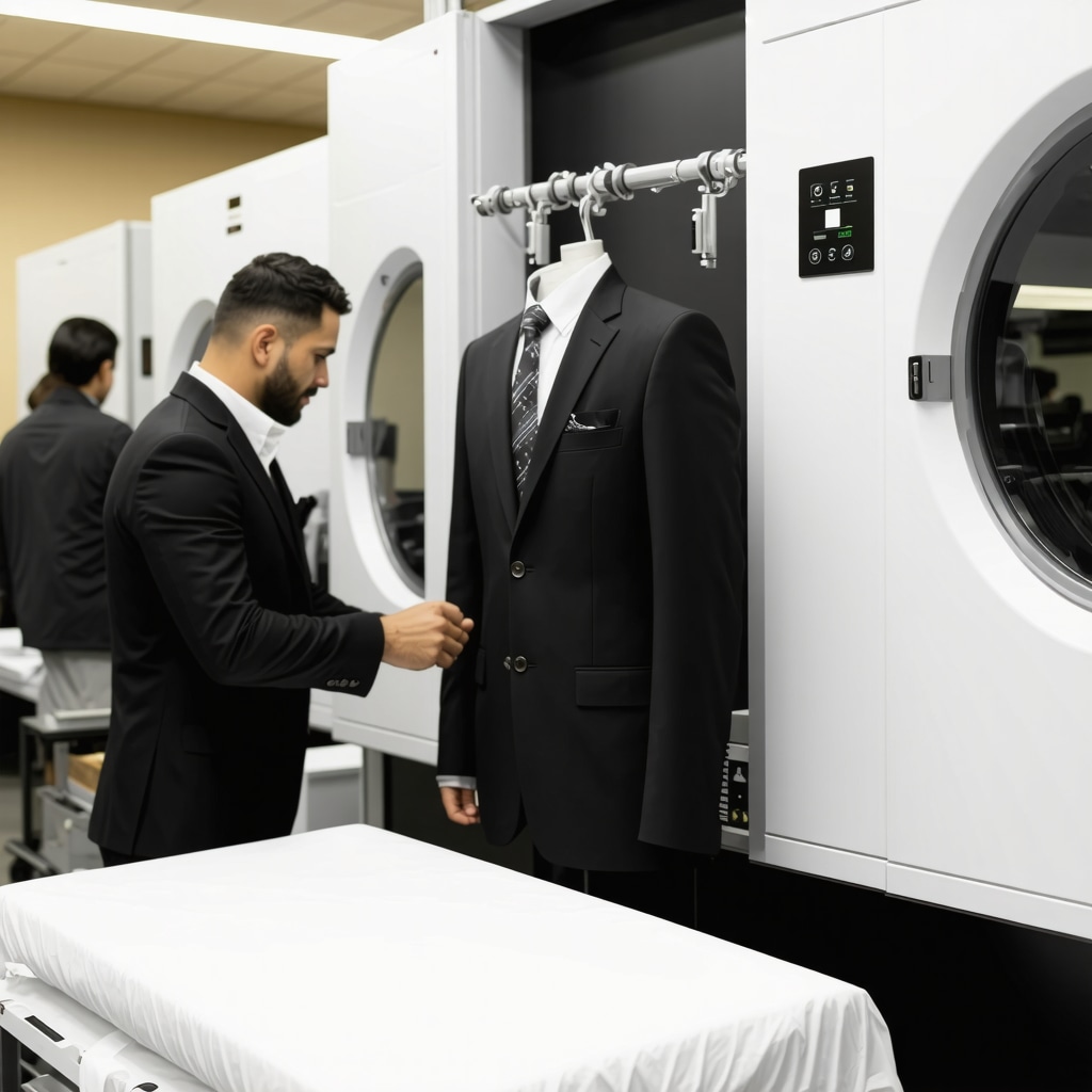 Professional technician using eco-friendly pressing equipment on a luxury wool suit in Tampa Bay