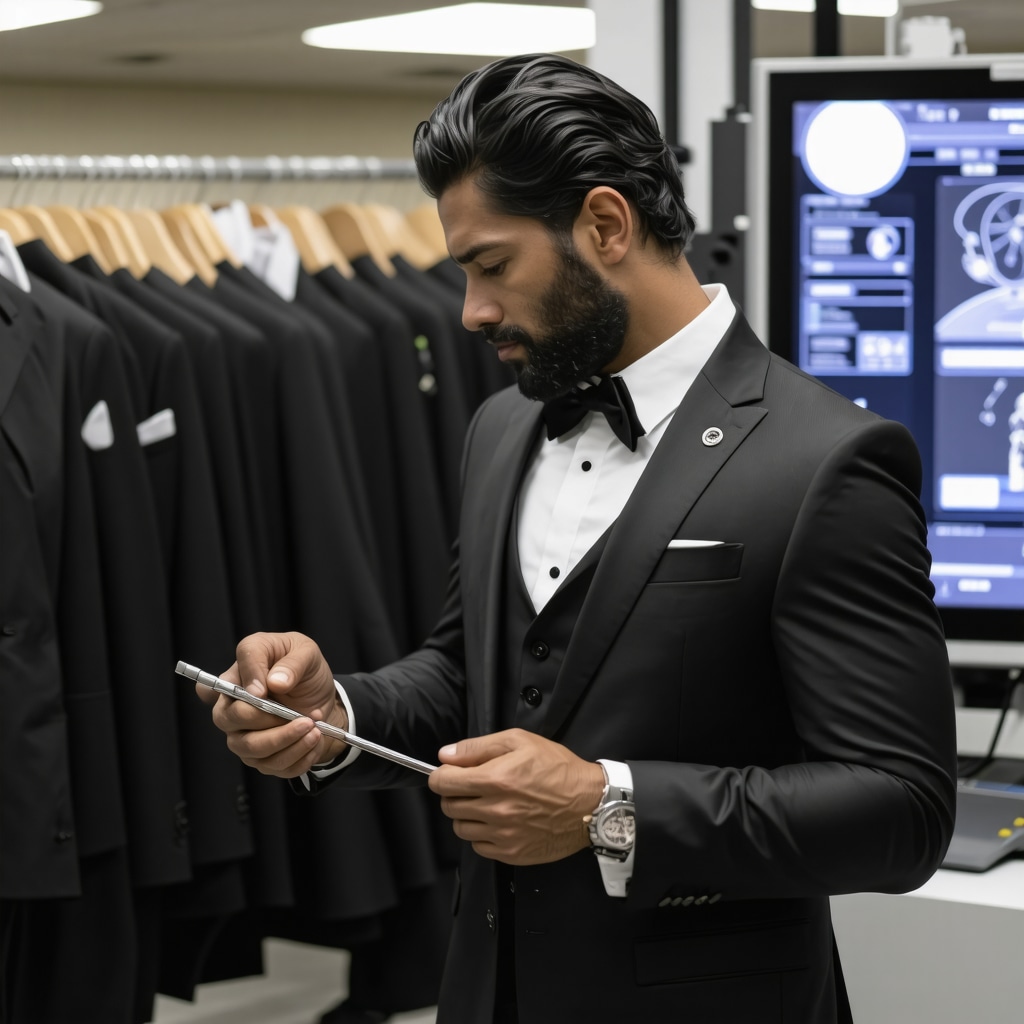 Professional cleaner examining luxury groomsmen suit featuring satin lapels and metallic buttons with eco-friendly equipment and digital tracking in Tampa Bay